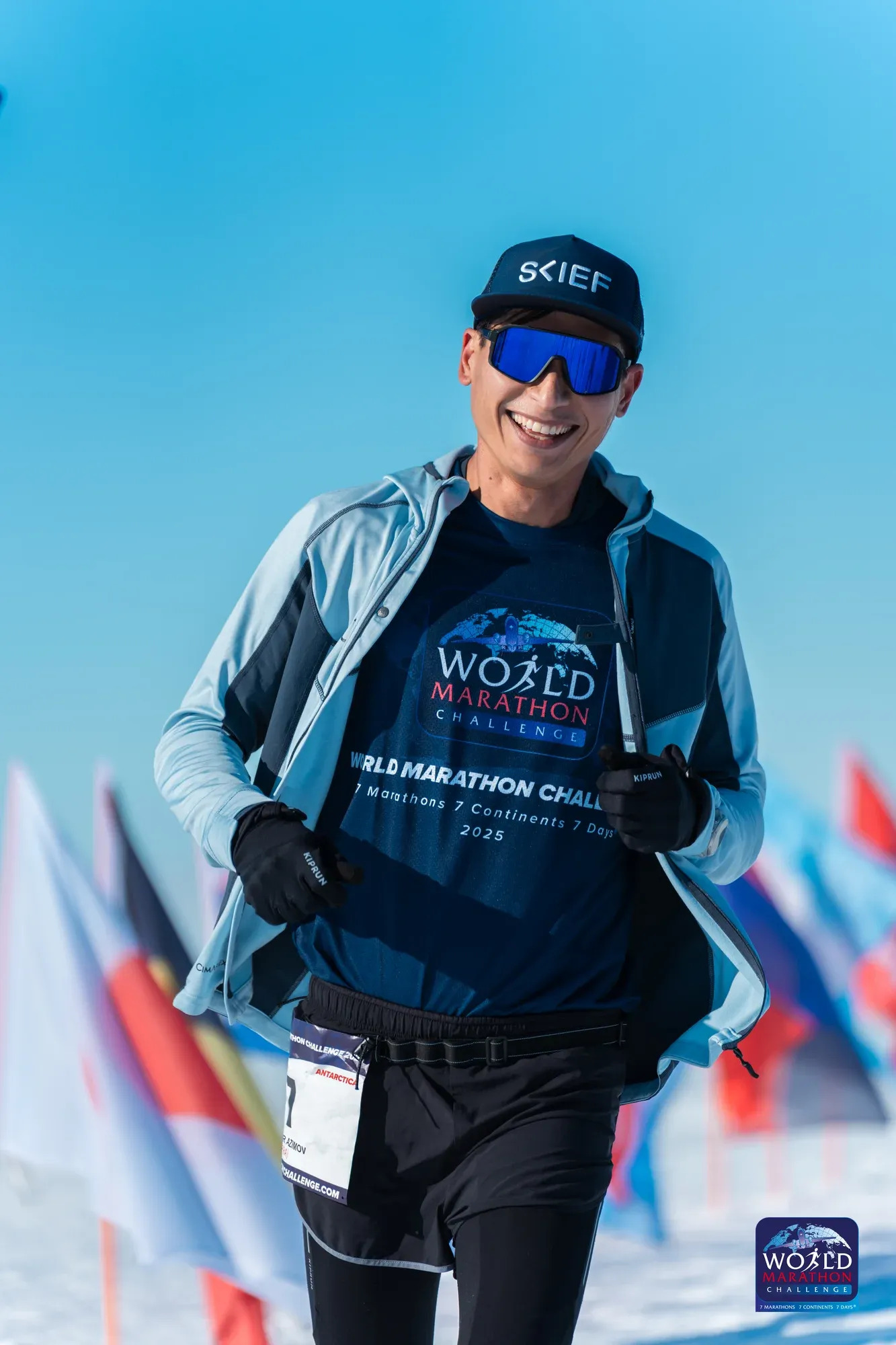 Sardar Azimov running in Antarctica at the 2025 World Marathon Challenge