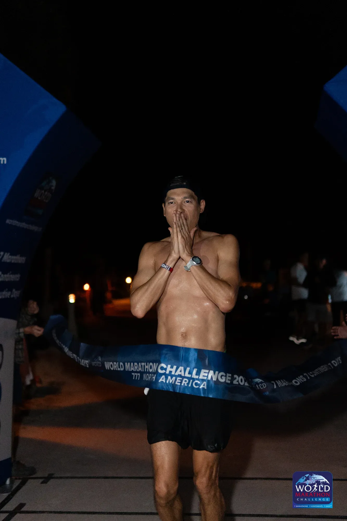 Sardar Azimov breaking the tape at the Miami finish of WMC 2025